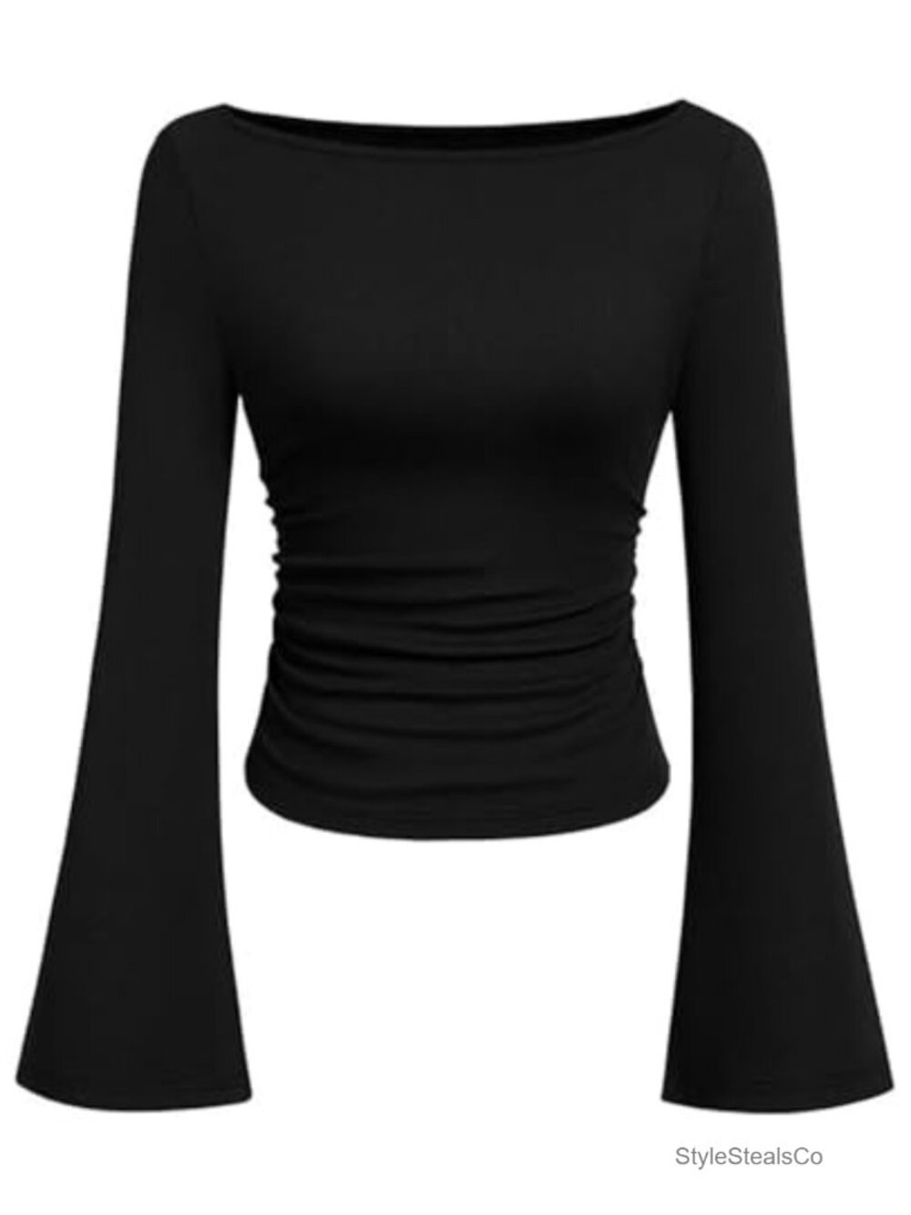 Women's Long Sleeve Ribbed Crop Top Boat Neck Bell Sleeve Ruched Stretchy Going
